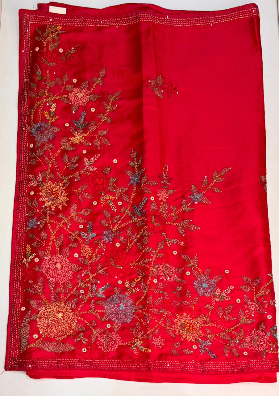Red Hand embroidered Saree - PSSU1E