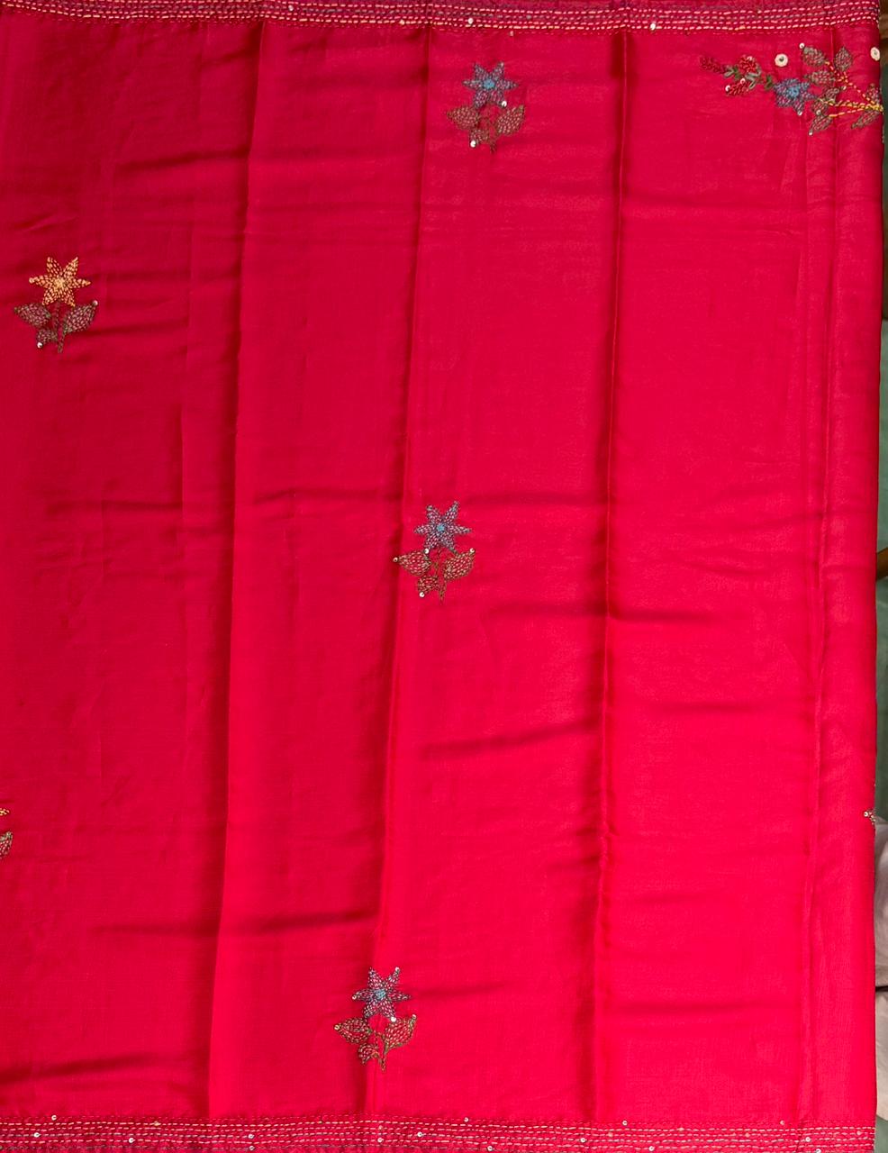 Red Hand embroidered Saree - PSSU1E