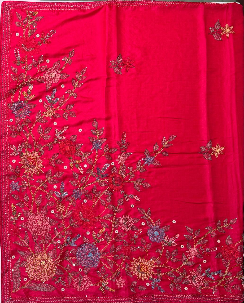 Red Hand embroidered Saree - PSSU1E