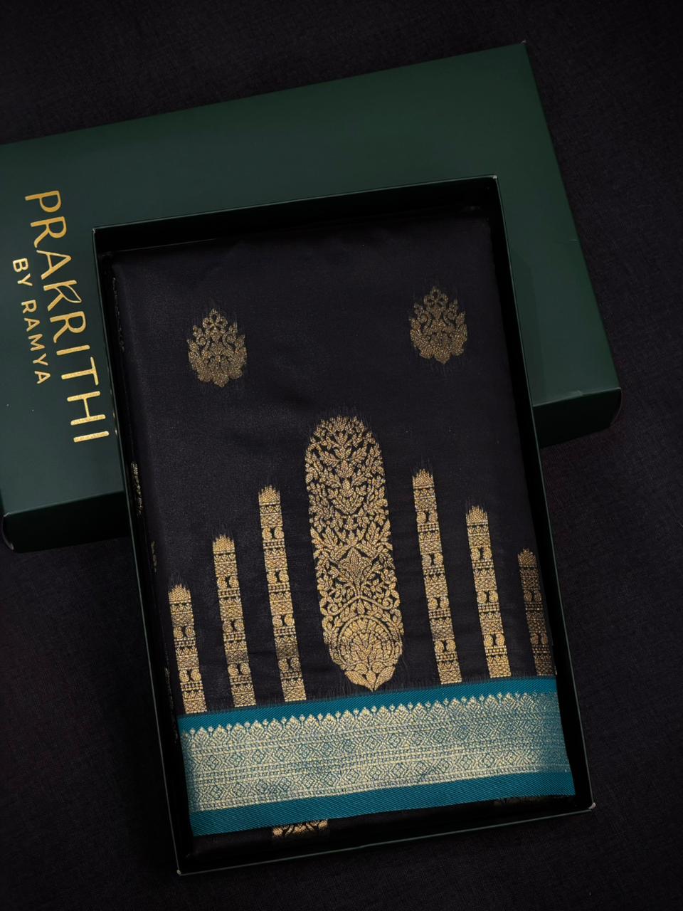 Black and Peacock blue silk saree - PDL2B