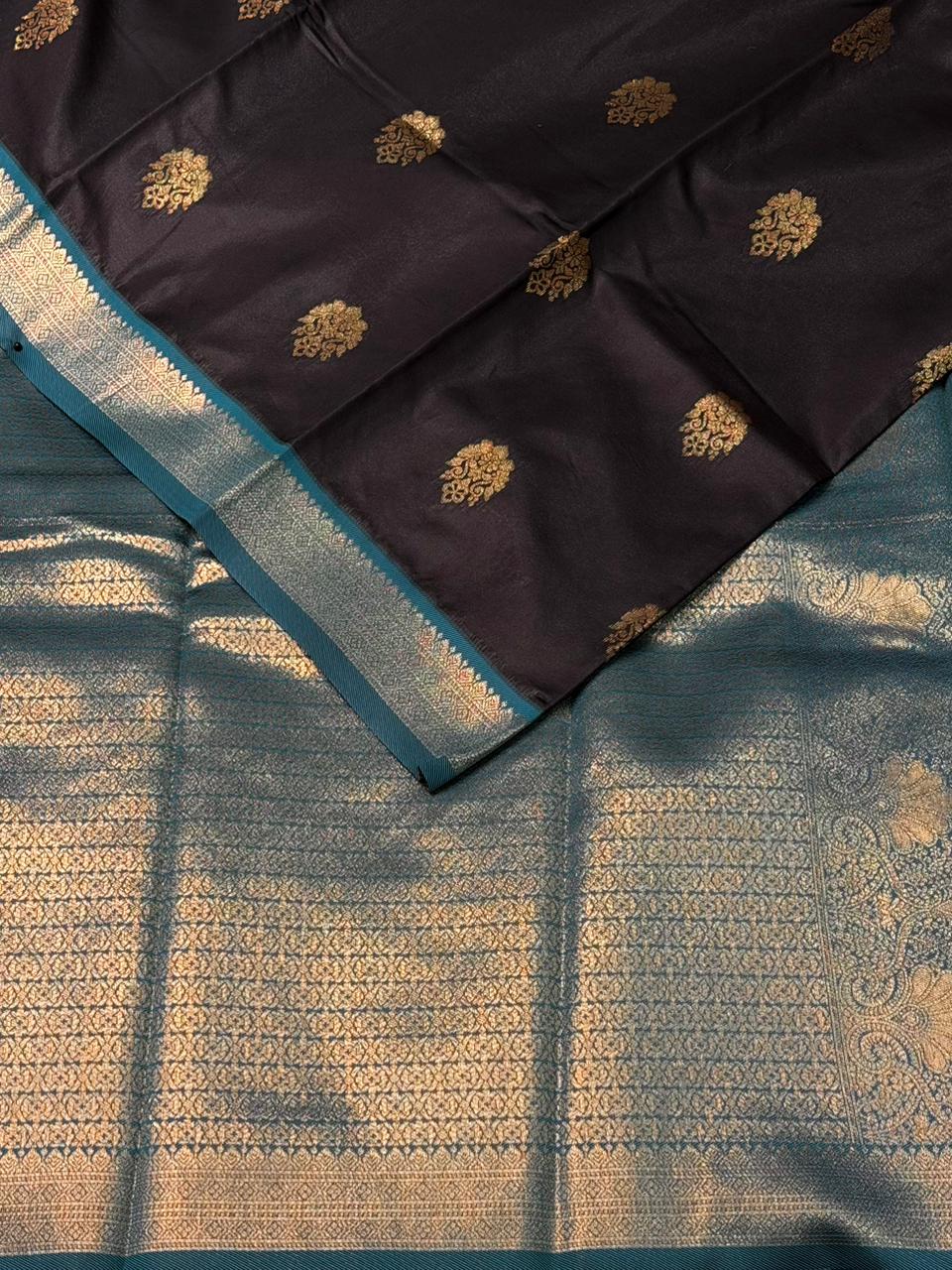 Black and Peacock blue silk saree - PDL2B