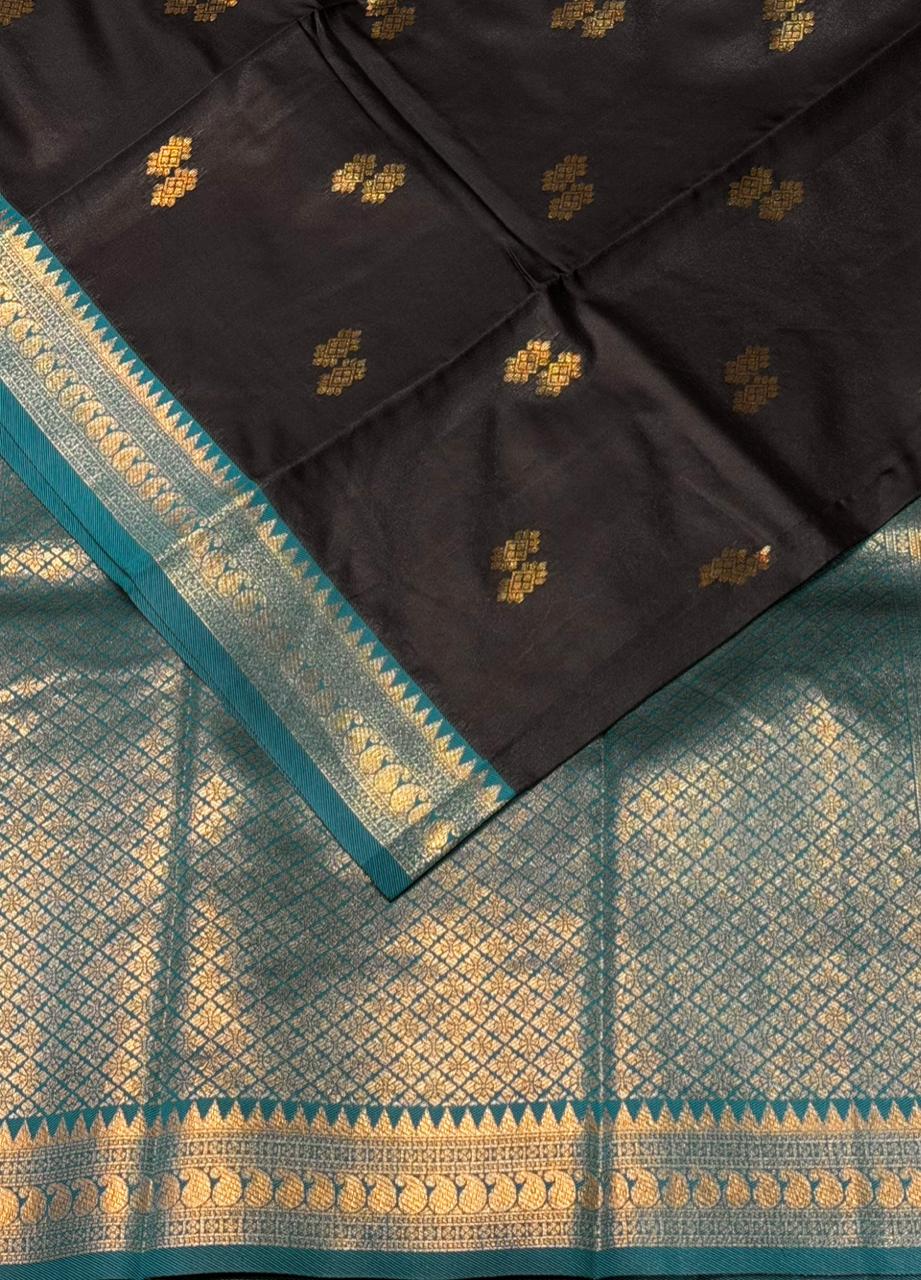 Black and Peacock Blue silk saree - PDL3