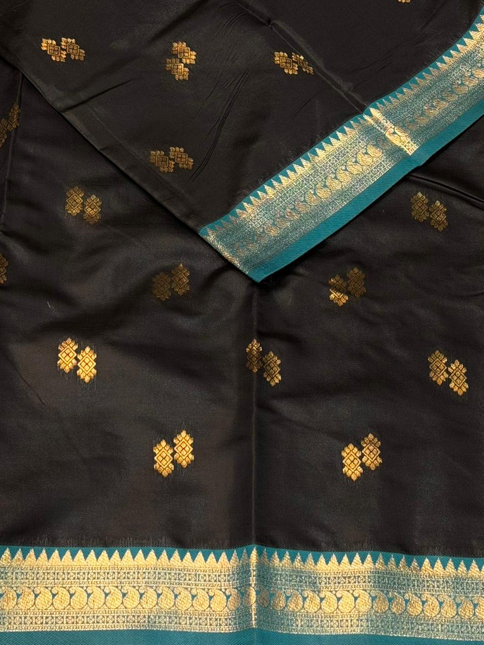 Black and Peacock Blue silk saree - PDL3