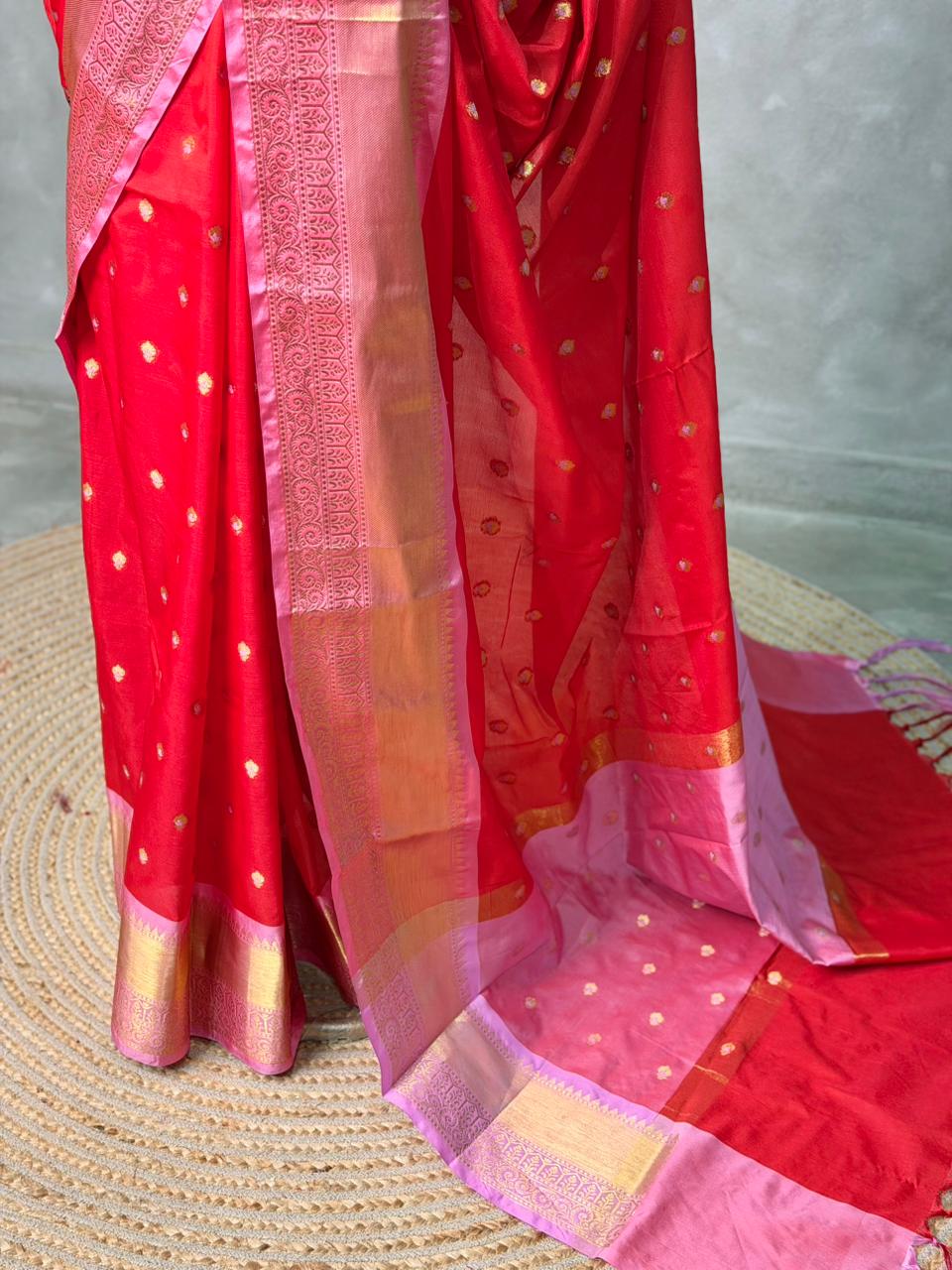 Red and Pink silk saree -PIH57