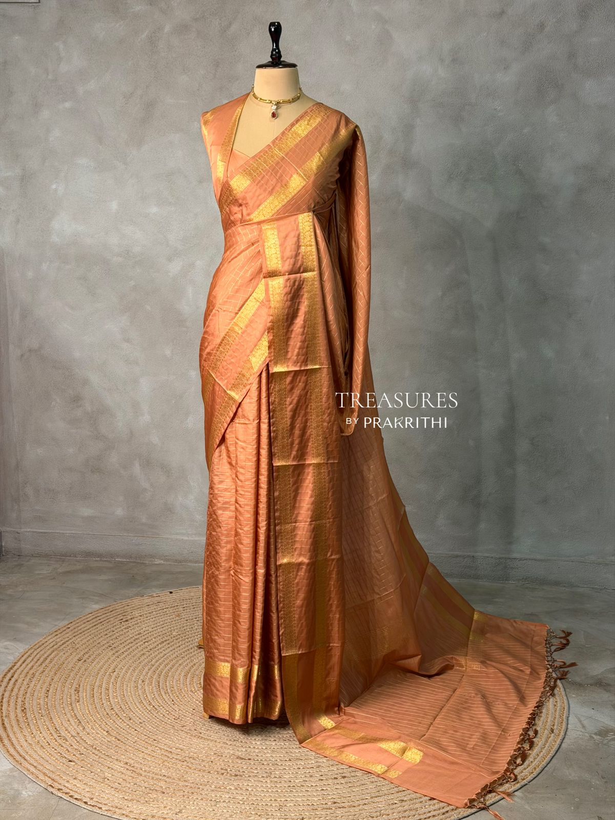 Peach and gold semi Banarasi silk saree -MPS41