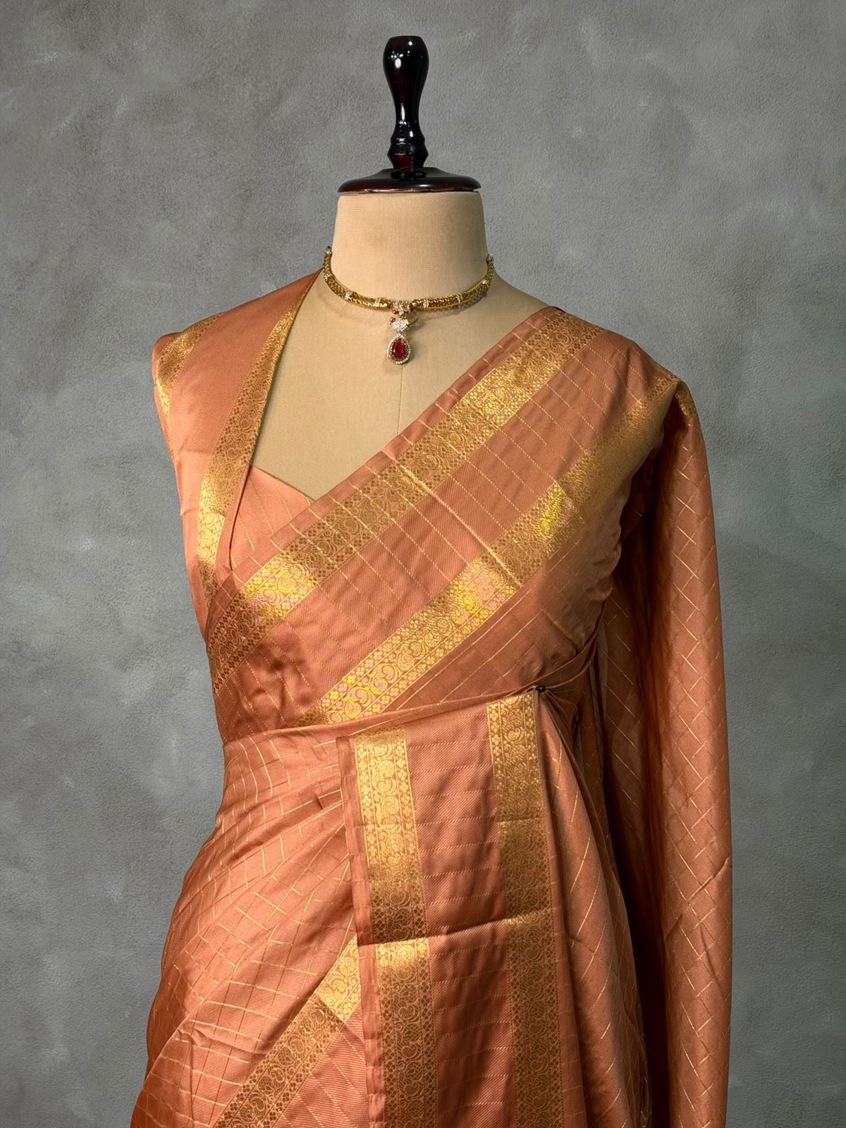 Peach and gold semi Banarasi silk saree -MPS41
