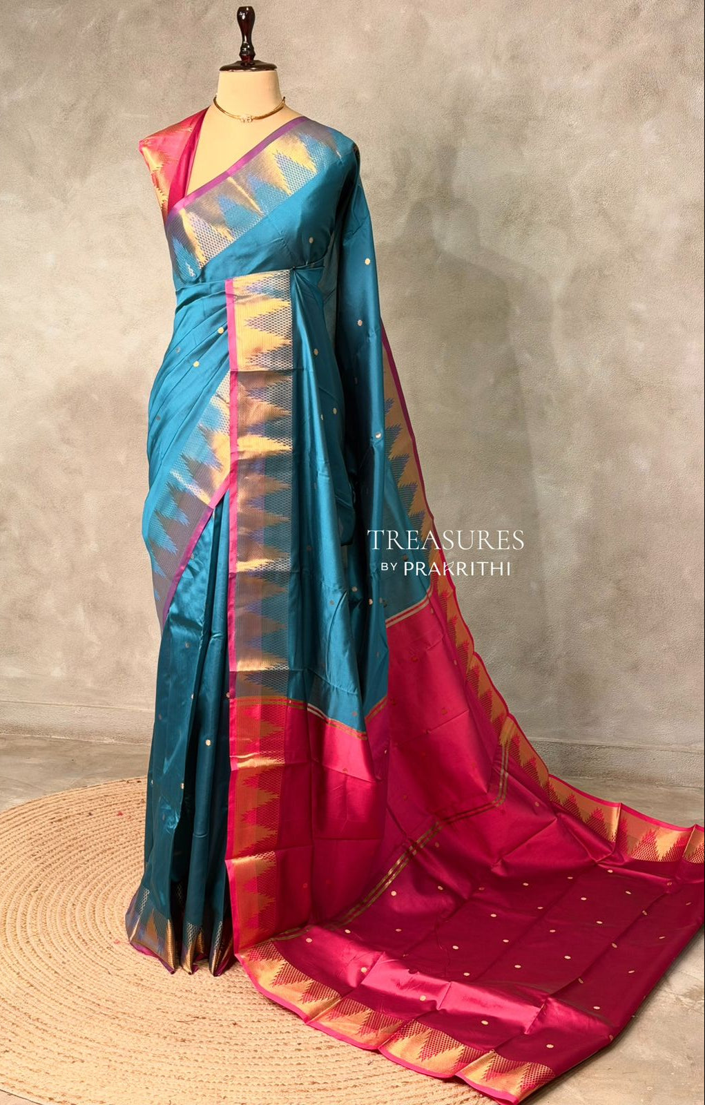 Peacock Blue and magenta semi kanchipuram soft silk saree - PSSN161