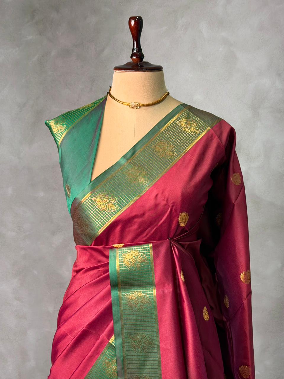 Maroon and Green semi kanchipuram soft silk saree - PSSN172