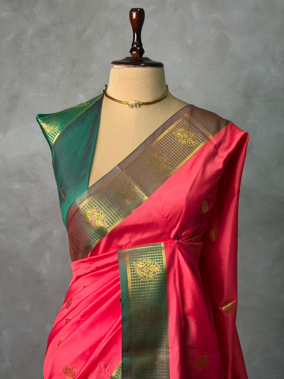 Dark peach and Green semi kanchipuram soft silk saree - PSSN175