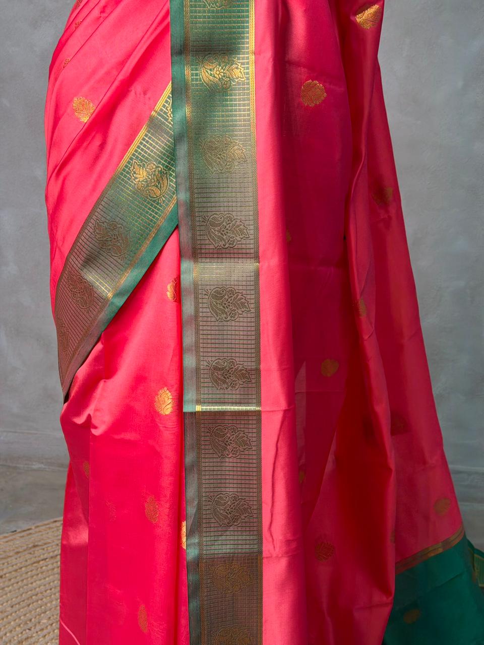 Dark peach and Green semi kanchipuram soft silk saree - PSSN175