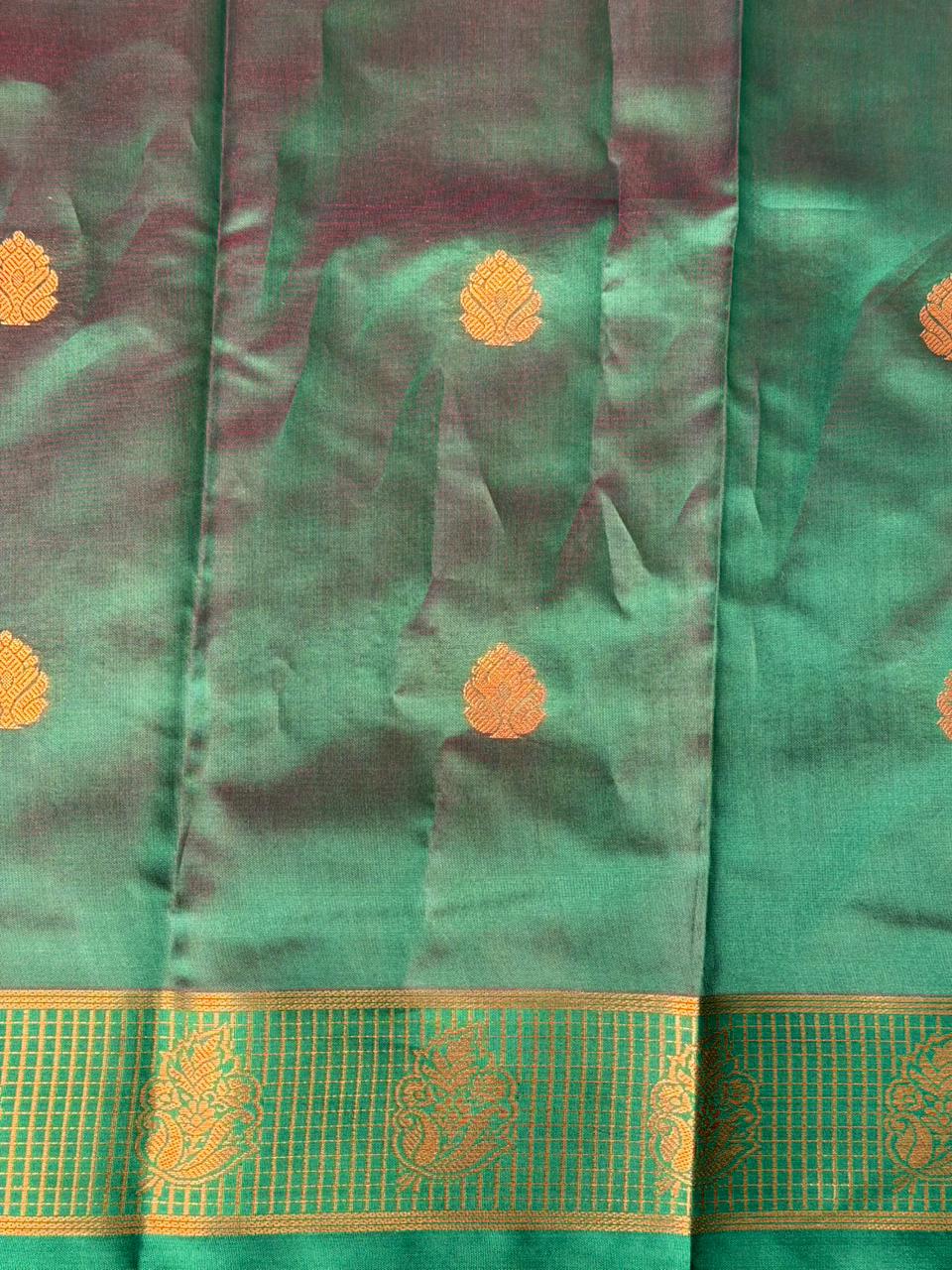 Dark peach and Green semi kanchipuram soft silk saree - PSSN175