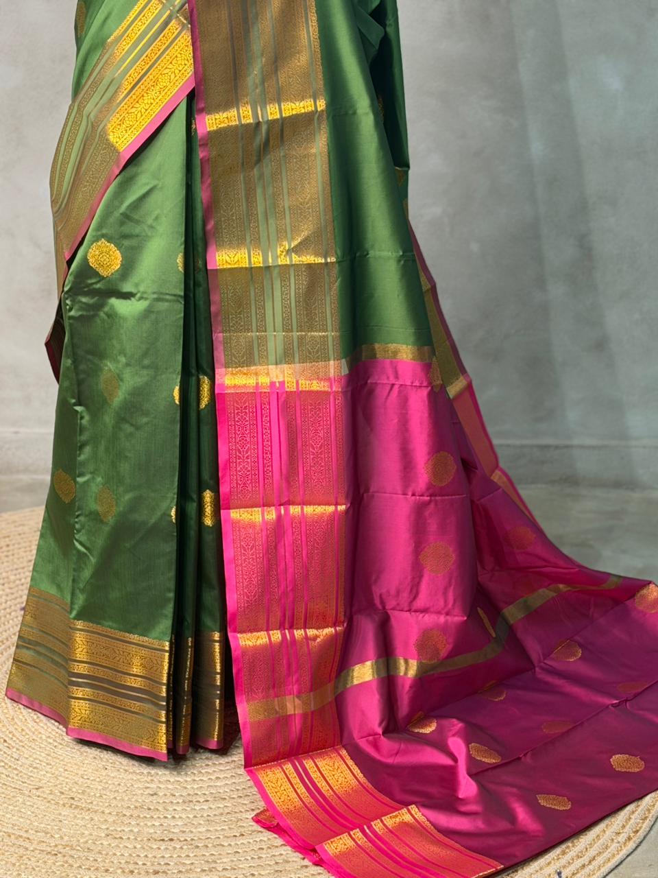 Olive Green and Magenta semi kanchipuram soft silk saree - PSSN182