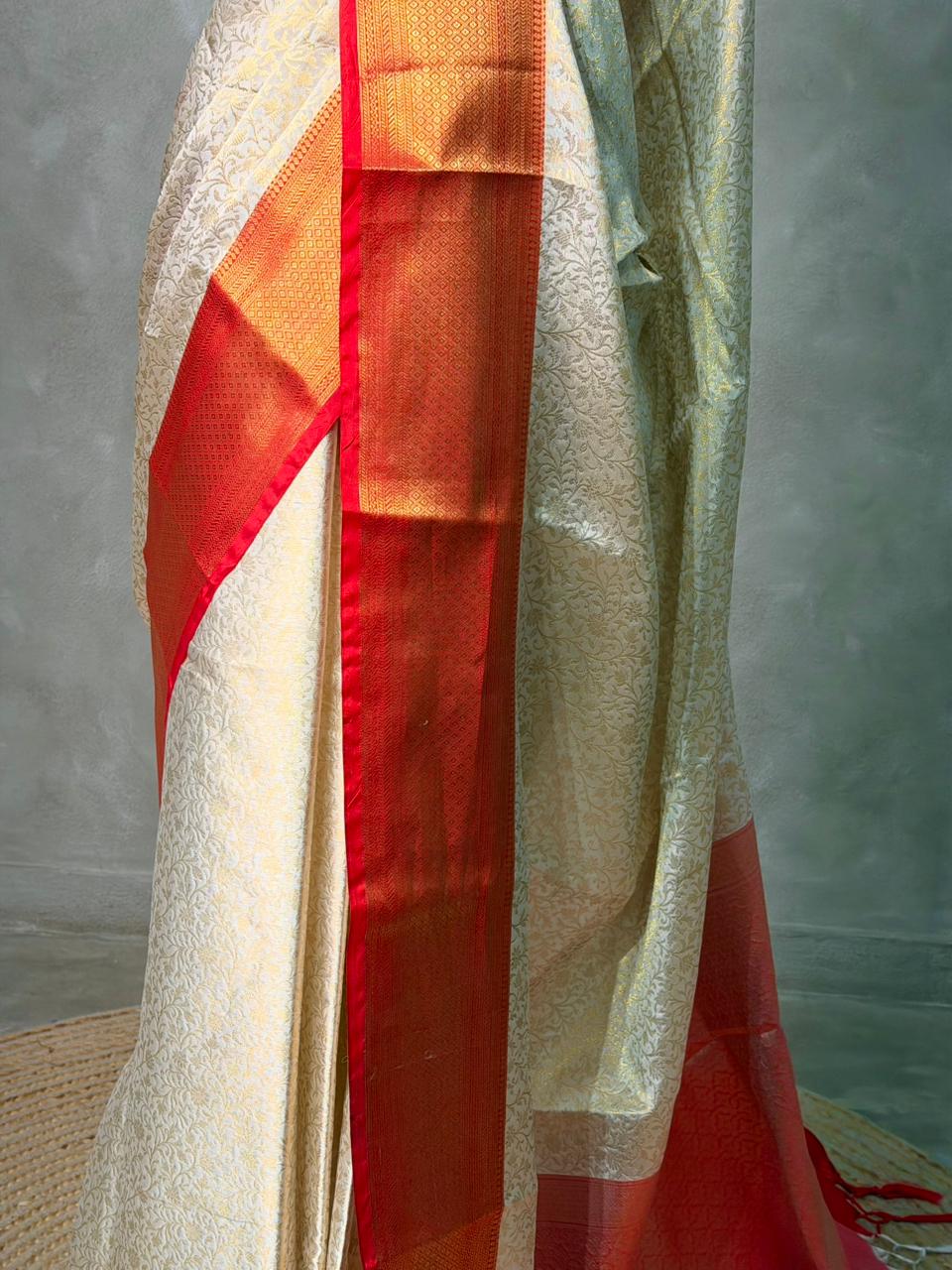 Offwhite and Red Brocade Banarasi silk saree -MPS43