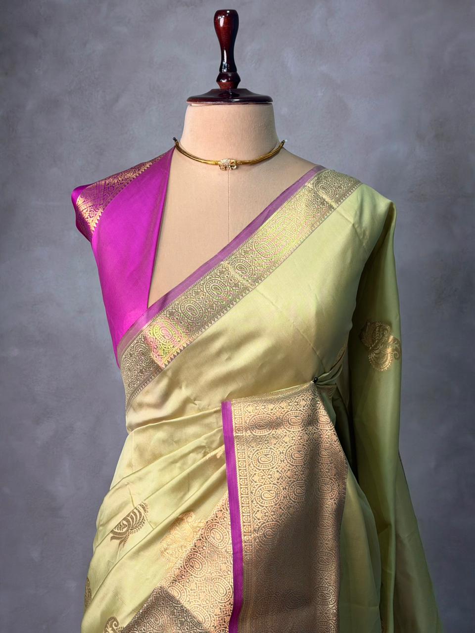 Pastal green and Magenta semi kanchipuram soft silk saree - PSSN192