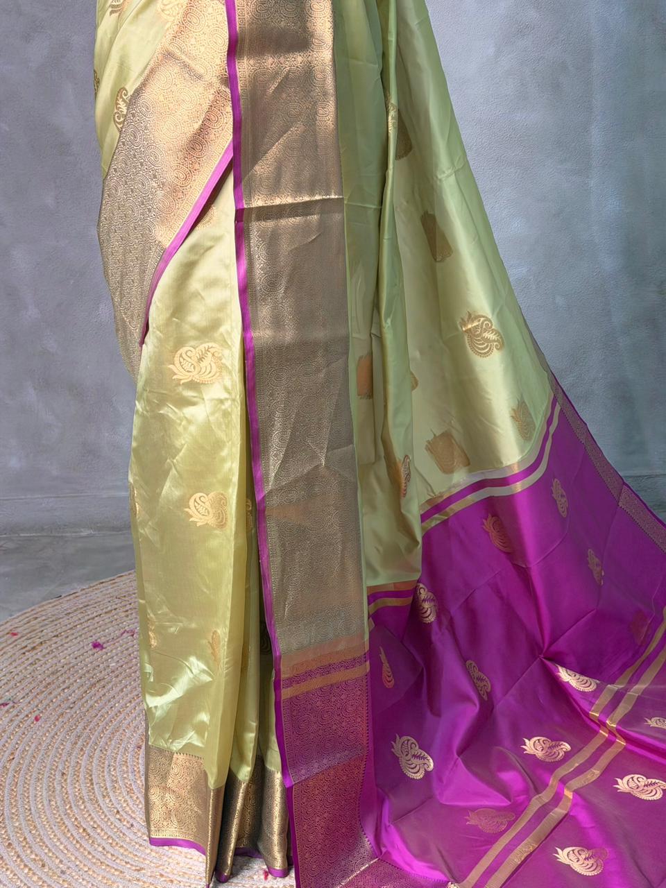 Pastal green and Magenta semi kanchipuram soft silk saree - PSSN192