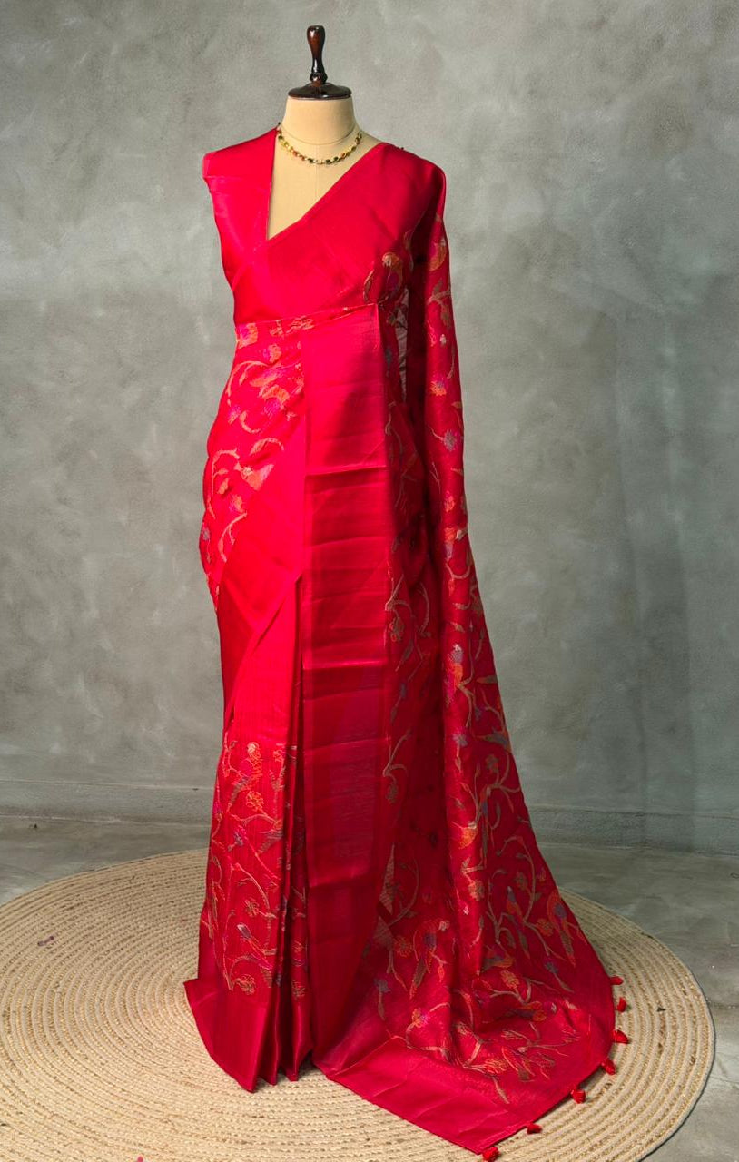 Red Green jute silk saree- PBR1A