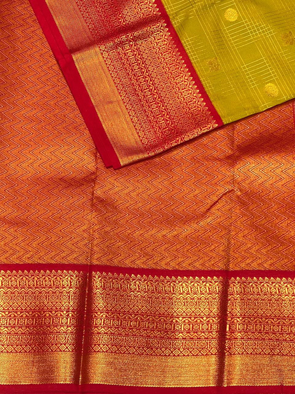 Lime Green ad Red kanchipuram silk saree- PSSR314