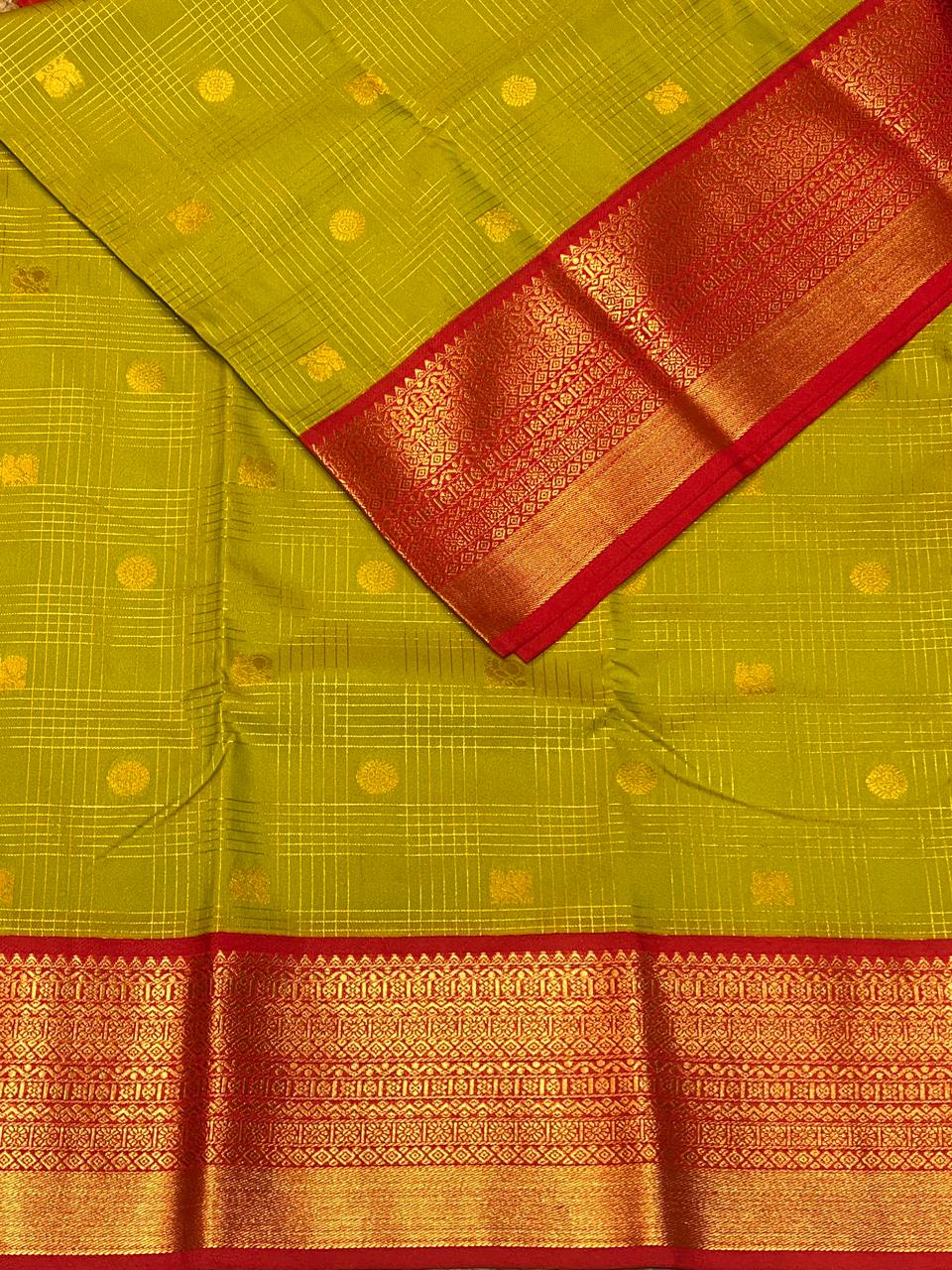 Lime Green ad Red kanchipuram silk saree- PSSR314
