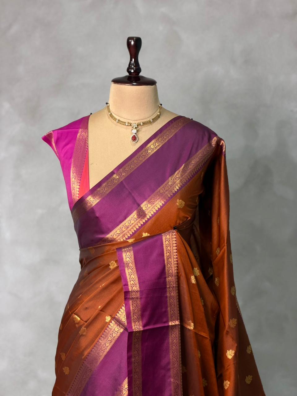 Rust Orange and Purple Banarasi silk saree -PIH67