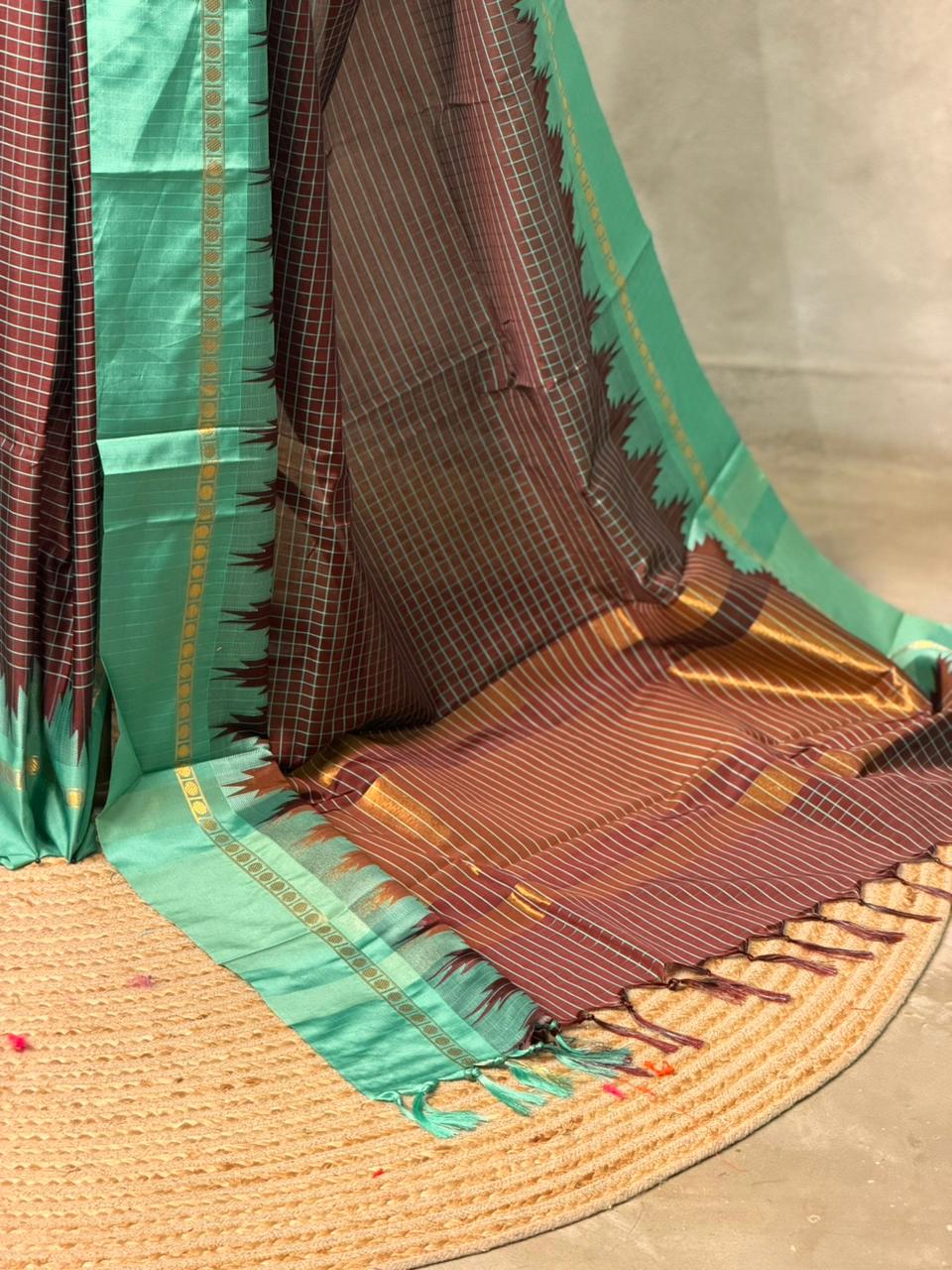 Brown and Aqua blue Banarasi silk saree -PIH70
