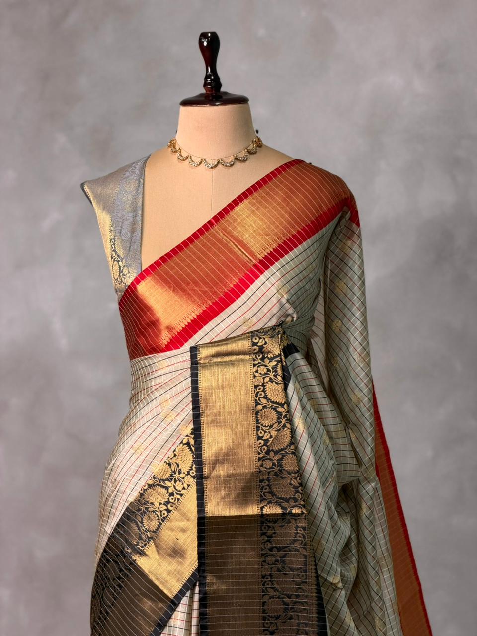 Off whire ,red and black Banarasi silk saree -LZ13
