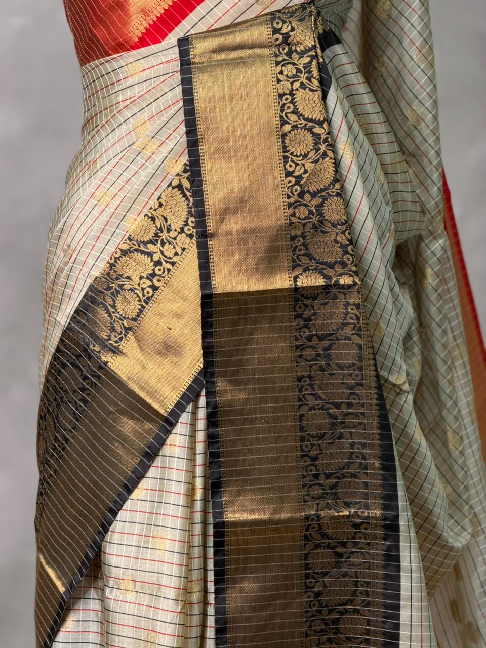 Off whire ,red and black Banarasi silk saree -LZ13