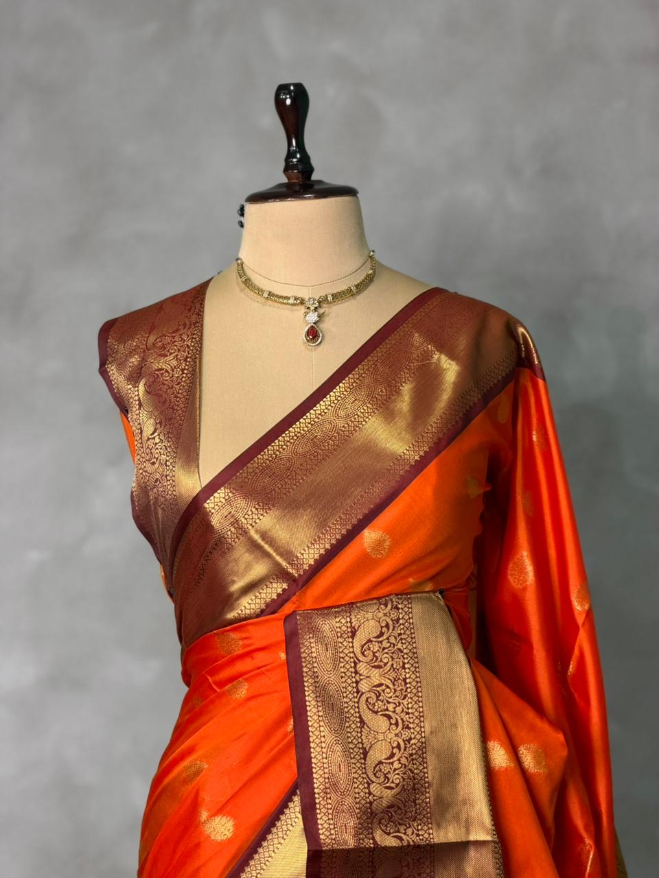 Orange and Brown Banarasi silk saree - GAL6