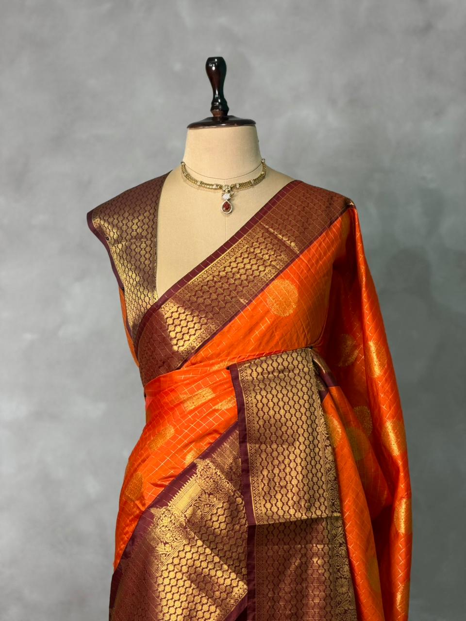 Orange and Brown Banarasi silk saree - GAL7