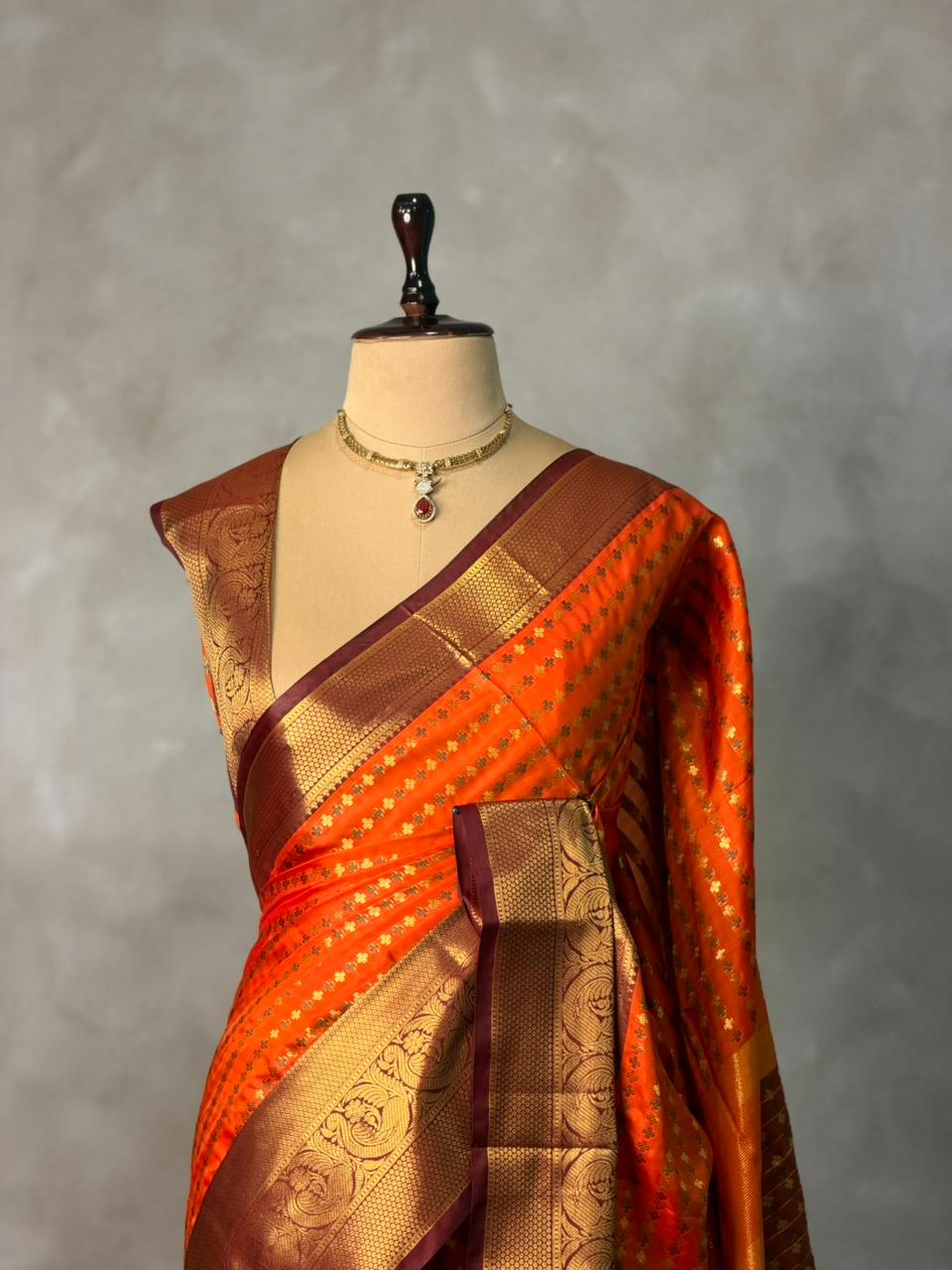 Orange and Brown Banarasi silk saree - GAL8
