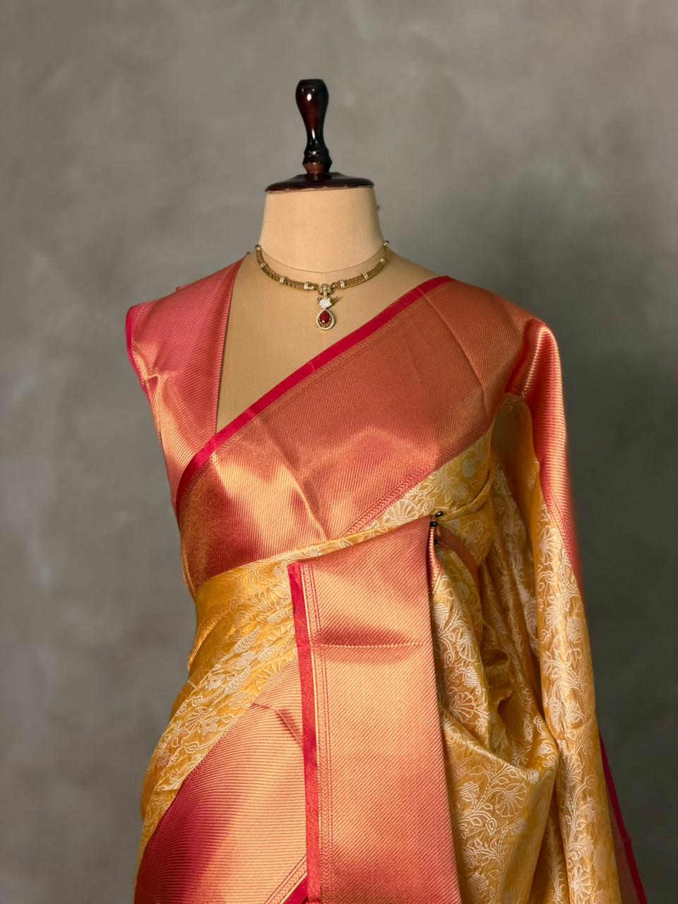 Golden Yellow and magenta Tissue Banarasi silk saree -LZ12C