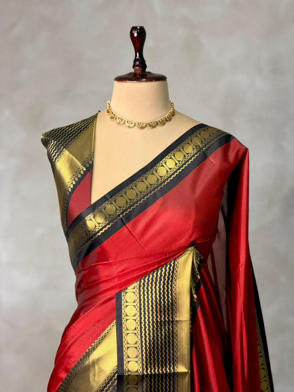 Maroon red and Black Banarasi silk saree - PIH78