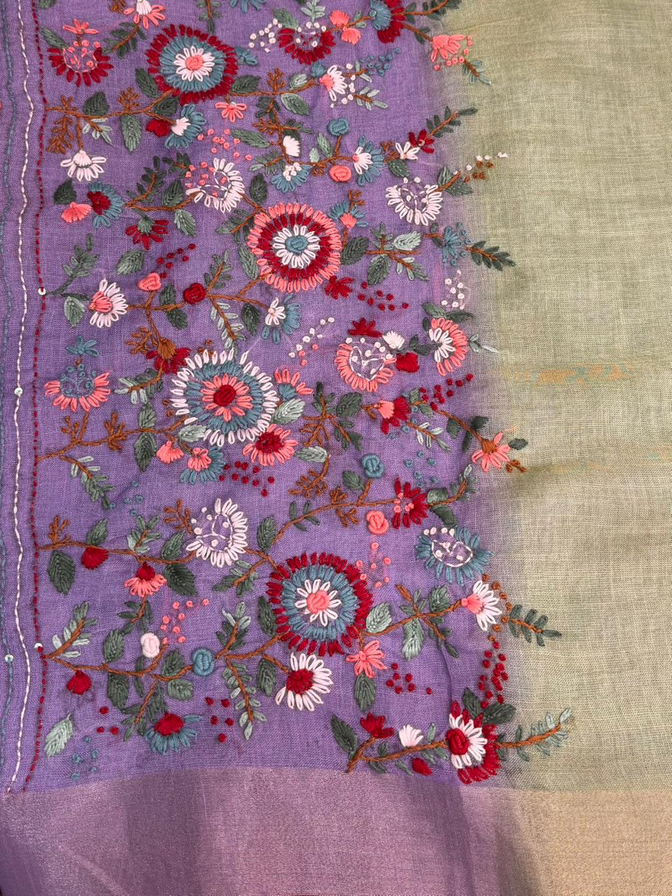 Green and Lavender Tissue linen saree- PBR5