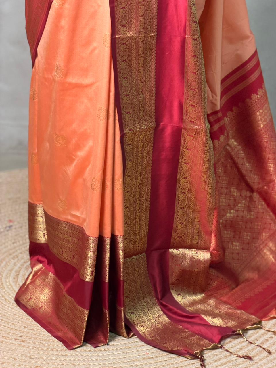 Peach and maroon silk saree -BSP28C