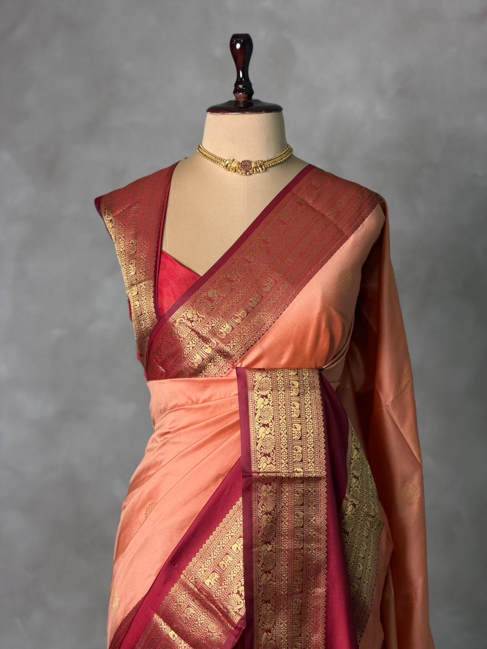 Peach and maroon silk saree -BSP28C