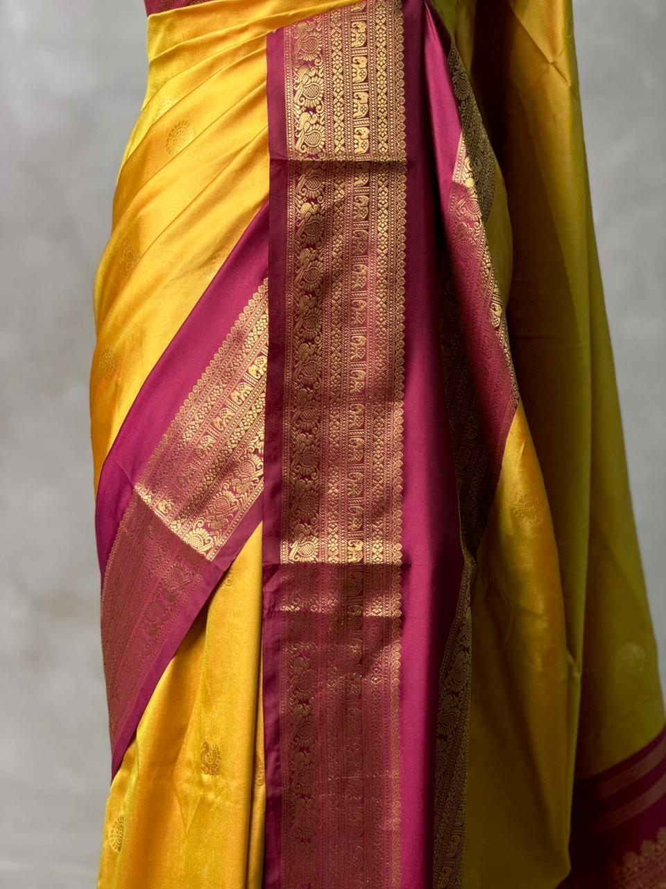 Greenish Yellow and maroon silk saree -BSP28D