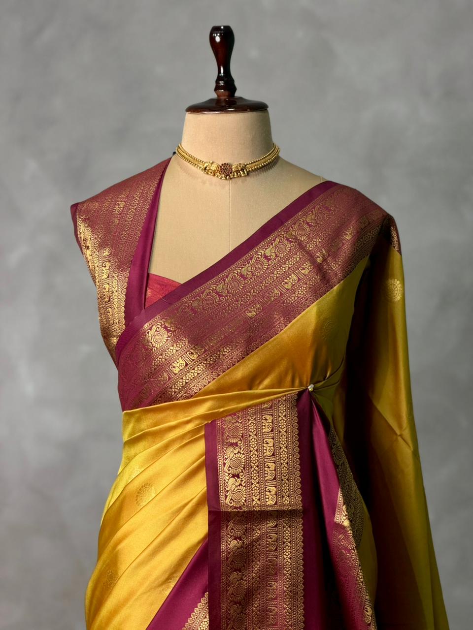 Greenish Yellow and maroon silk saree -BSP28D