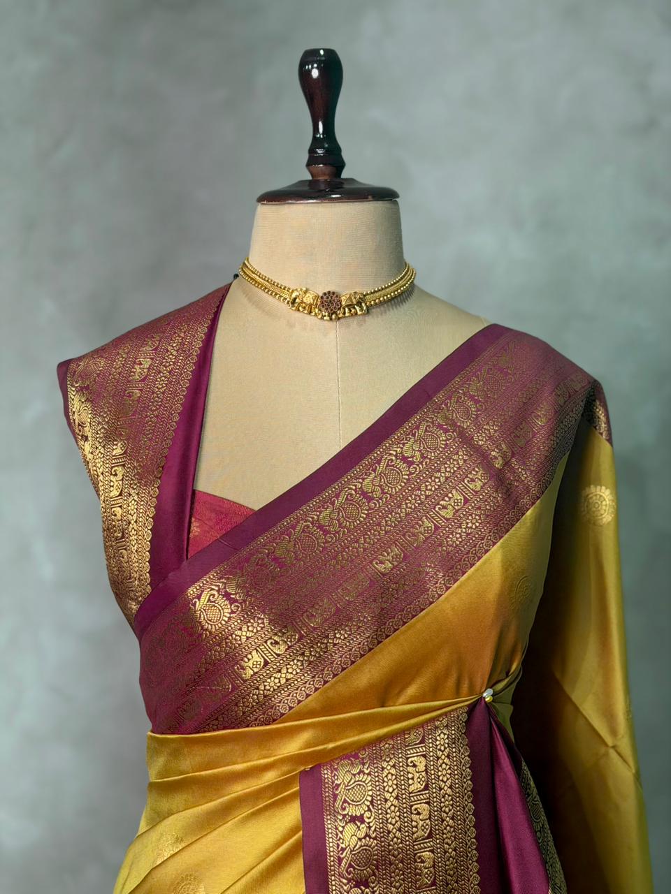Greenish Yellow and maroon silk saree -BSP28D