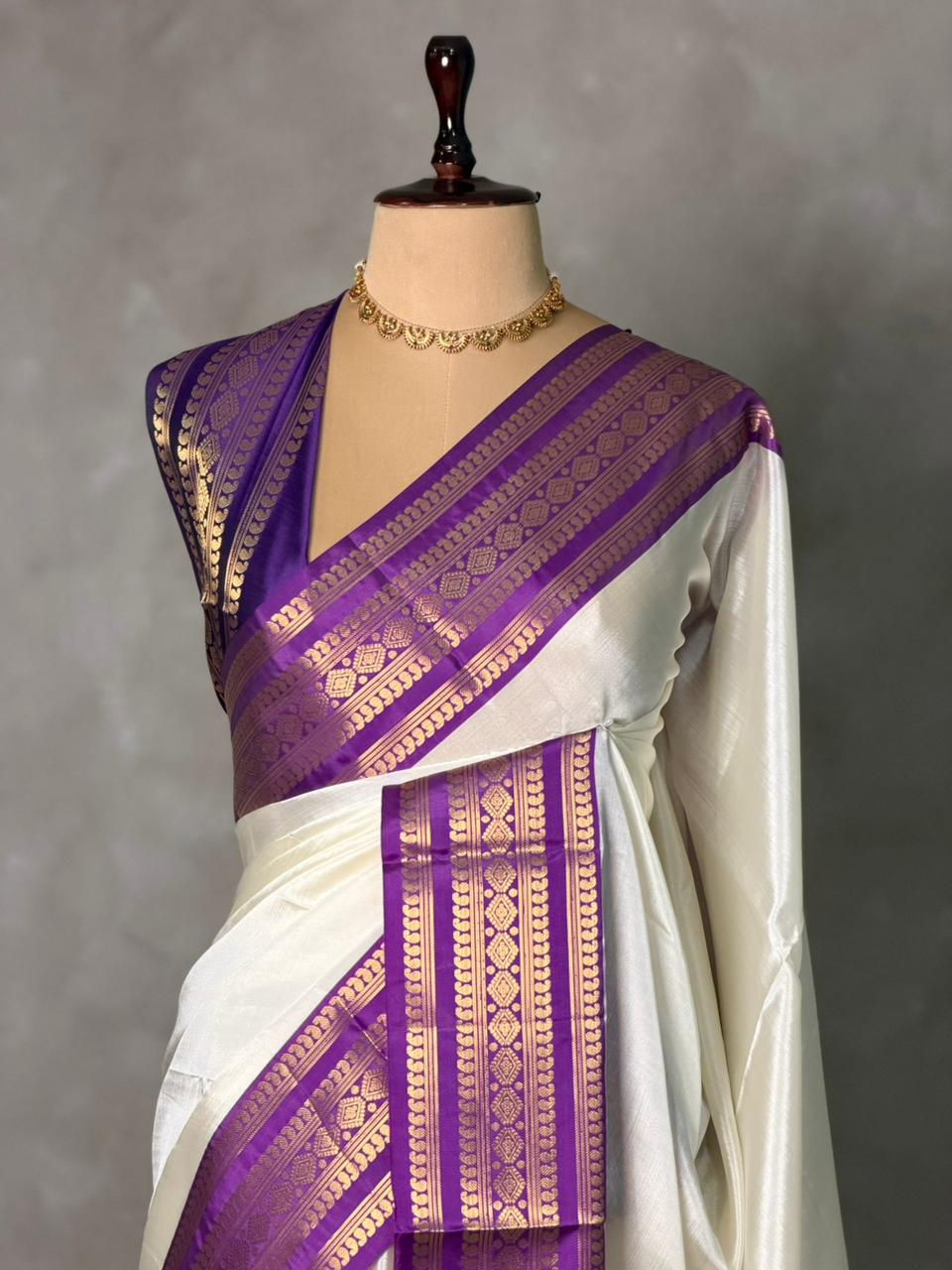 Off white and violet Banarasi silk saree -MPS44A
