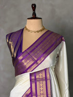 Off white and violet Banarasi silk saree -MPS44A