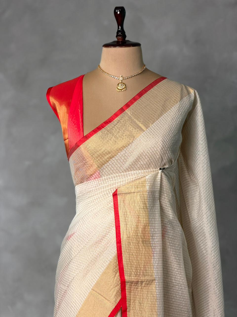 Off white and Red chanderi silk saree - ONAMP1