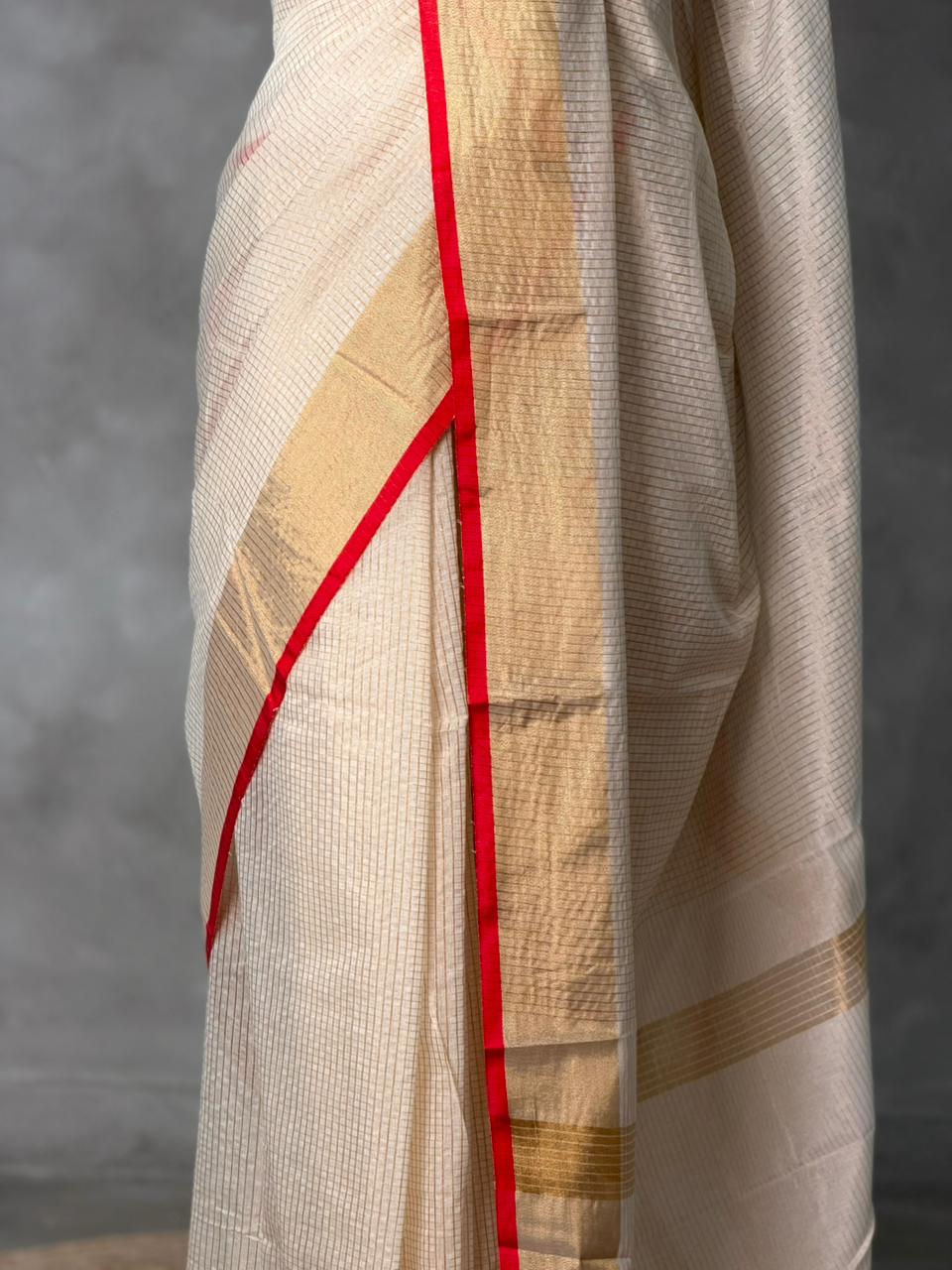 Off white and Red chanderi silk saree - ONAMP1
