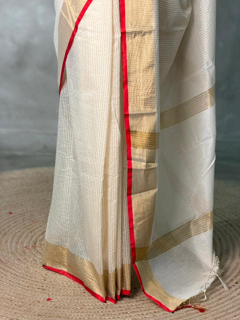 Off white and Red chanderi silk saree - ONAMP1