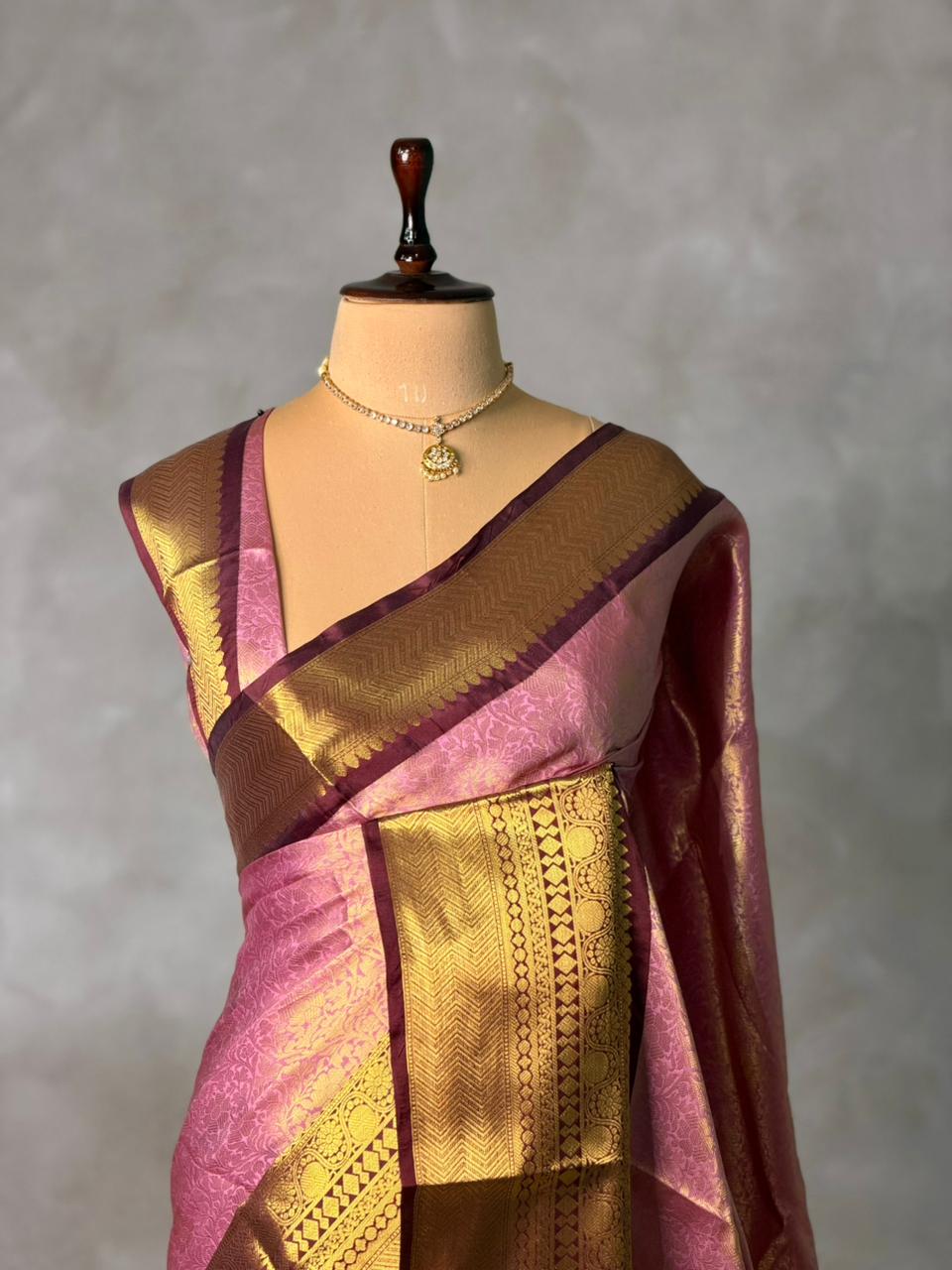 Pink and maroon tissue Banarasi silk saree - PIH85