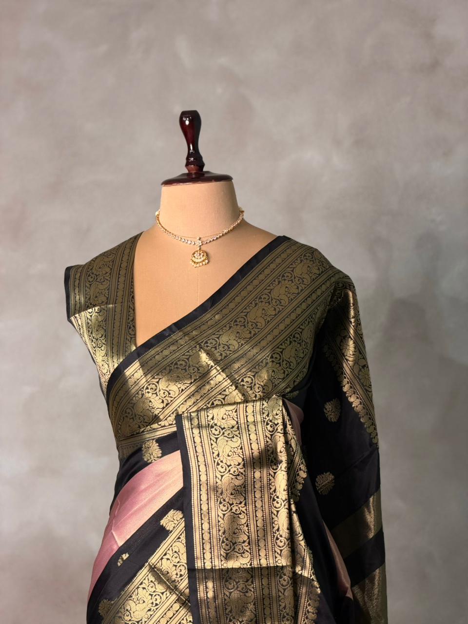 Black and Pink tissue Banarasi silk saree - PIH87