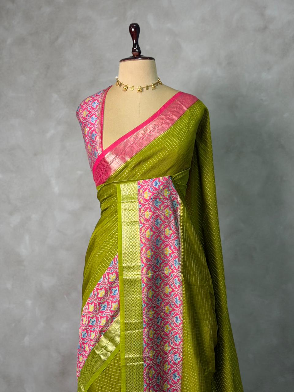 Olive Green Georgette chanderi silk saree -PBR18L