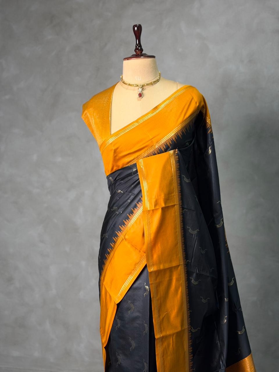 Black and Mustard Yellow silk saree - PBR22