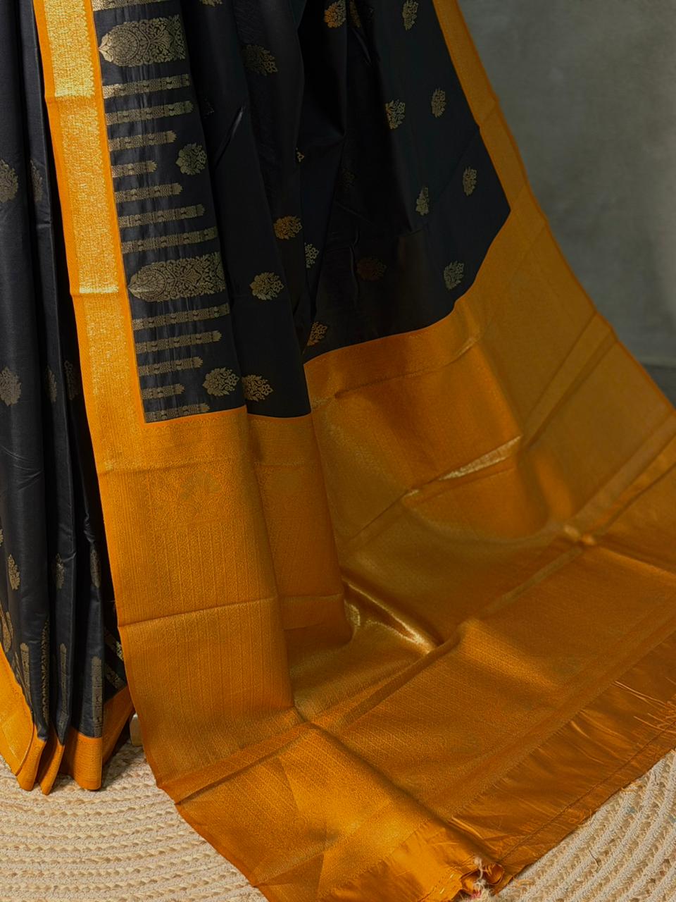Black and Mustard Yellow silk saree - PBR24