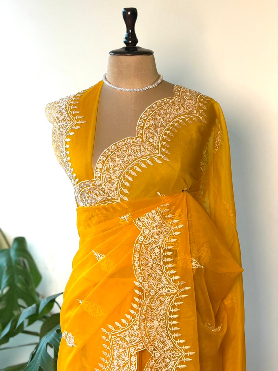 Yellow organza saree- PBR25A