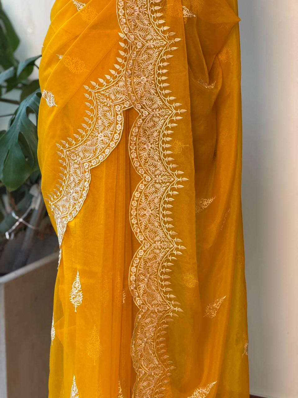 Yellow organza saree- PBR25A