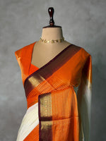 Sandal and orange crepe silk saree- GAL11